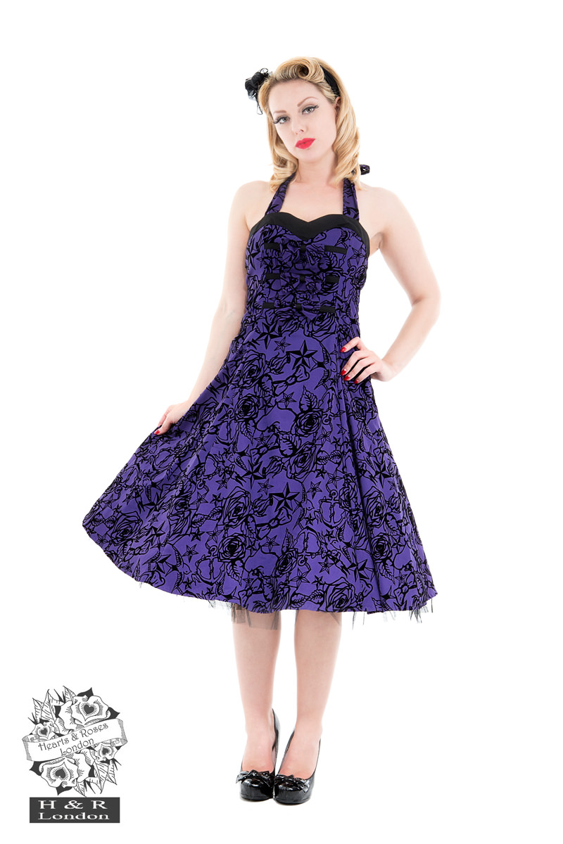 Purple Taffeta Flocked Halter Dress